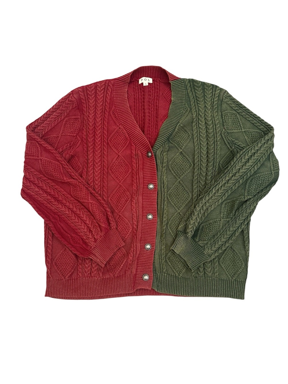 POL Colorblock Cable-Knit V-Neck Button-Front Preppy Cardigan Sweater Acrylic